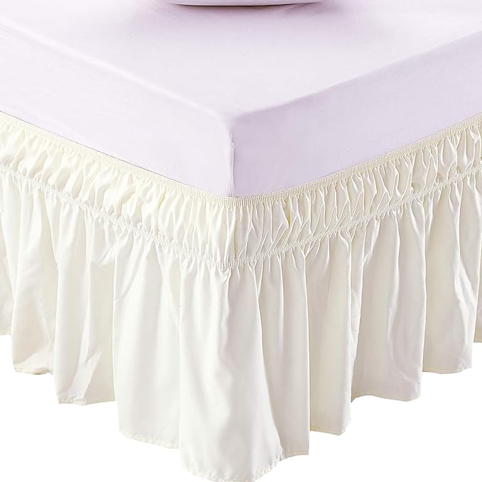 MEILA Wrap Around Elastic Bed Skirt for Queen & King Beds, 16" Drop, Ivory | Three-Side Adjustable Elastic Dust Ruffle, Ruffled Polyester Fabric, Easy to Install, Fade Resistant & Machine Washable
