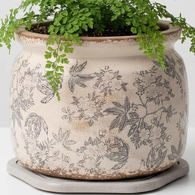 Farmhouse Ceramic Plant Pots with Decorative Saucer, Gifts for Plant Lovers | 7.7" Large Grey Flower Pot for Indoor Plants, Handmade Rustic Ice Crackle Planter, Vintage Antique Home Decor, Gardening Gift
