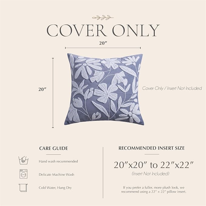 BlissBlush Decorative Throw Pillow Cover 20x20, Coastal Dusty Blue Velvet Accent Cushion Cover for Couch Sofa Living Room, Floral Tufted Square Pillowcase (Cover Only)