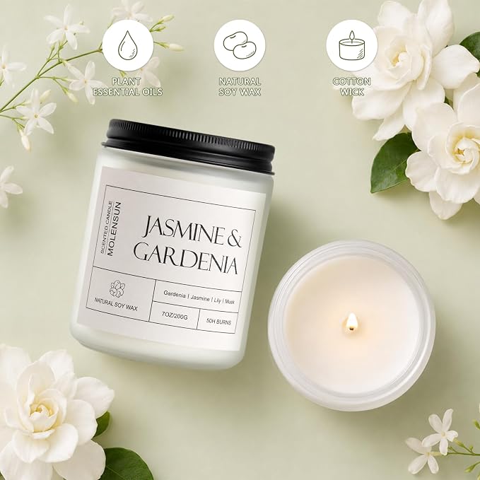 Molensun Jasmine & Gardenia Scented Candle, 7 oz Soy Wax Candle