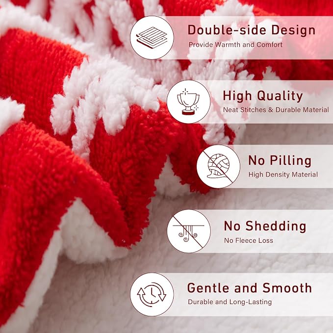 Christmas Sherpa Fleece Twin Size Throw Blanket Red and White Holiday Blanket 60x80 inches - Fuzzy Warm Throws for Winter Bedding, Couch