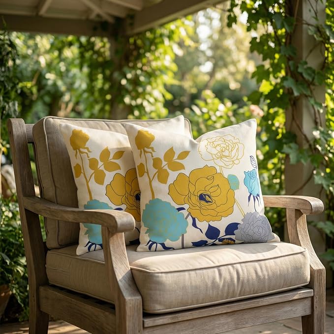 Blue Yellow Floral Pillow Covers 26x26 Set of 2 Thick Cotton Linen | Durable Thick Cotton Linen Material, Soft Breathable Floral Decor, Suitable For Spring Summer Couch Bed & Outdoor Patio Porch
