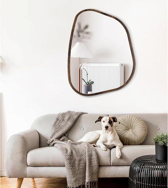 Asymmetrical Accent Mirror for Wall Irregular Oval Wood Frame Modern Unique Wall Mirror Decorative Boho Vanity Bathroom Living Room Bedroom Entryway Hallway Artistic Wavy Mirror Large 26"x18"