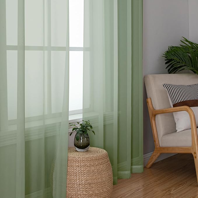 Sage Green Sheer Curtains 90 Inch Rod Pocket Light Filtering 2 Panels