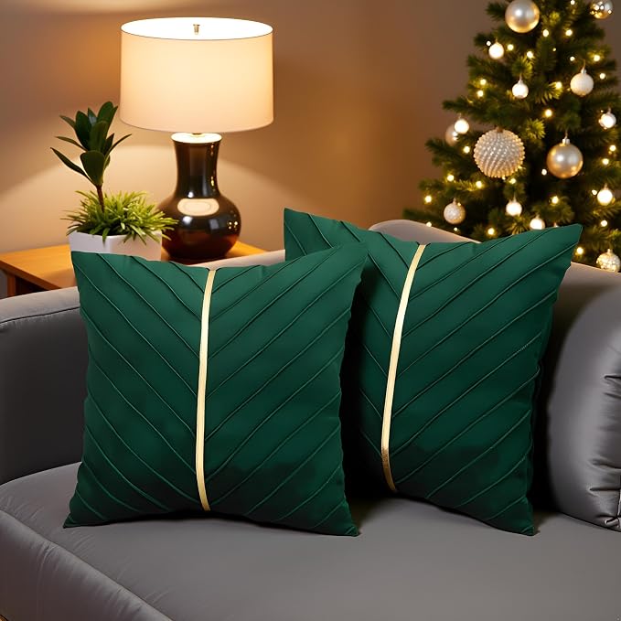 Velvet Throw Pillow Covers 26x26 Pack of 2 Gold Decor Dark Green