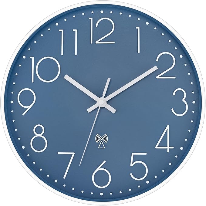 Foxtop 12" Atomic Wall Clock Battery Operated Modern Analog Clock, Cerulean | Round, Sets Automatically, Easy to Read, Office, Classroom, Bedroom, Kitchen, Living Room