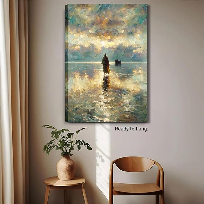 Framed Jesus Pictures for Wall God Canvas Wall Art Jesus Walking on Water Paintings print for Living Room Christian Art Decor Religious Posters Ready to Hang 16x24Inches