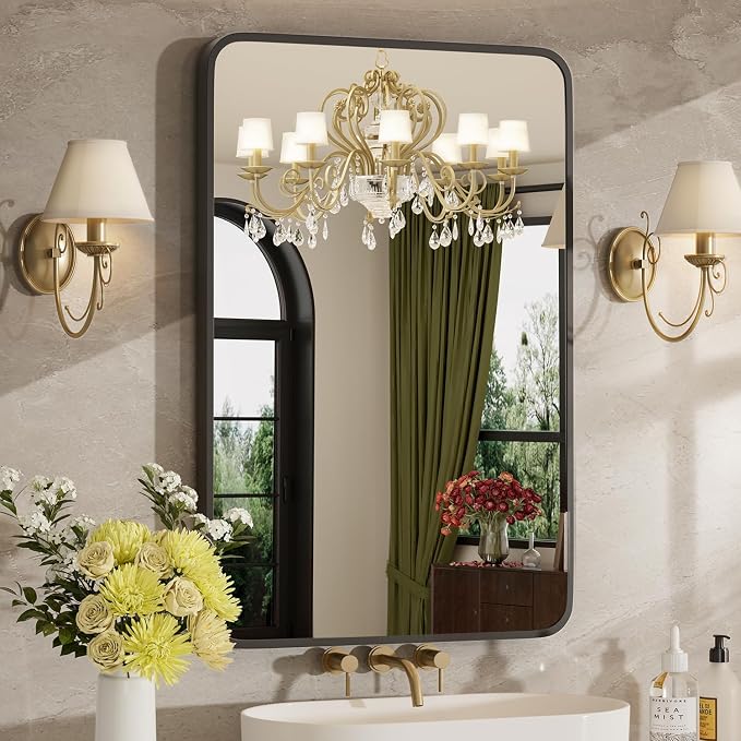 24"x32" Bathroom Mirrors for Over Sink, Matte Black Rectangle Vanity Mirror | Aluminum Alloy Frame, Clear Reflection, Rust-Resistant, Vertical or Horizontal, Wall Mount, Bedroom and Entryway