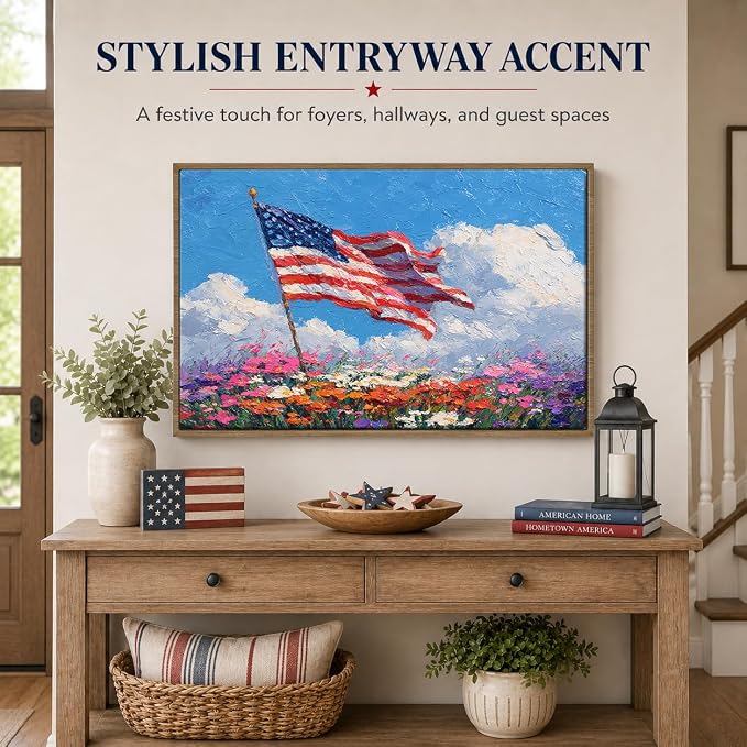 American Flag Framed Canvas Wall Art, 4th of July Patriotic Canvas Prints | Wildflower Landscape Poster Print, Vintage Rustic Independence Day Wall Decor for Bedroom Living Room Office 6×8in