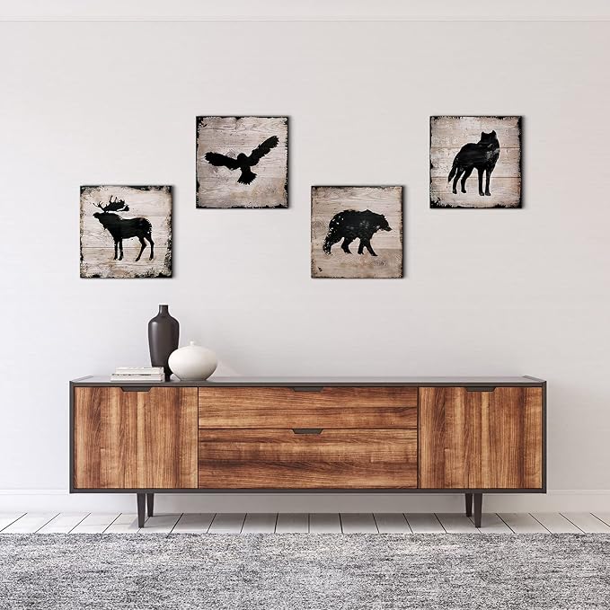Cabin Wildlife Wall Art Rustic Animals Pictures Wall Decor Farmhouse Moose Deer Wolf Eagle Poster Hunting Themed Bear Paintings Woodland Forest Canvas Prints Artwork Living Room Decorations 16x16" 4P