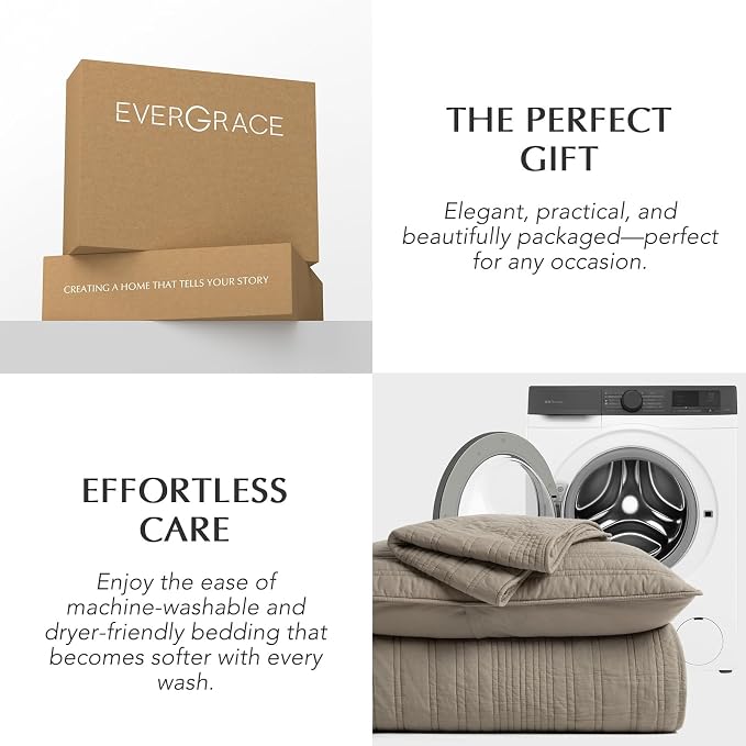 EVERGRACEHOME 100% Cotton Modern Lines Quilt Set King Size, Stone Taupe | Pre-Washed Soft Cotton, Striped Coverlet Bedspread, 3 Piece Lightweight Bedding Set for All Season, with 2 Pillow Shams