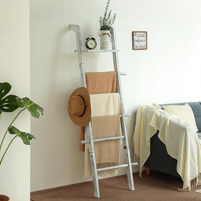 Taozun Wash White Blanket Ladder with Shelf for Living Room, Wall Leaning | 67-Inch Farmhouse Blanket Rack with 5 Pegs for Towels, Quilt and Throws, Wood Blanket Holder for Organization and Display
