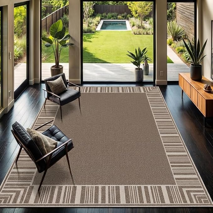 COZYLOOM Washable Rugs 8x10 Easy Jute Area Rug for Living Room, Non Slip Non Shedding Modern Bordered Carpet Stain Resistant Foldable Neutral Striped Mats for Bedroom, Dining Room, Patio, RV, Taupe
