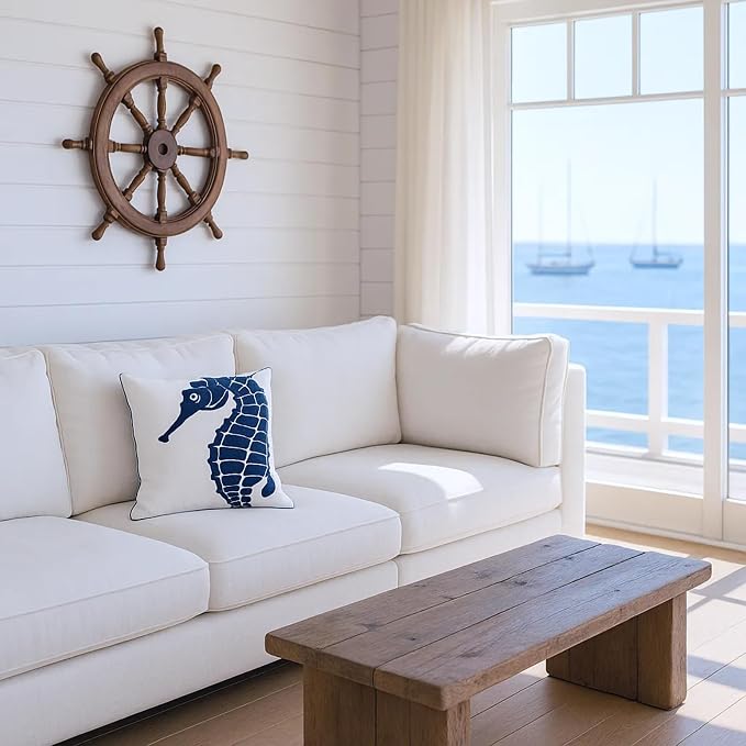 Embroidered Nautical Decor Pillow Cover,Square 18 Inches Decorative Canvas Pillow Cover for Nautical Style Deco by (Navy-Seahorse-New)