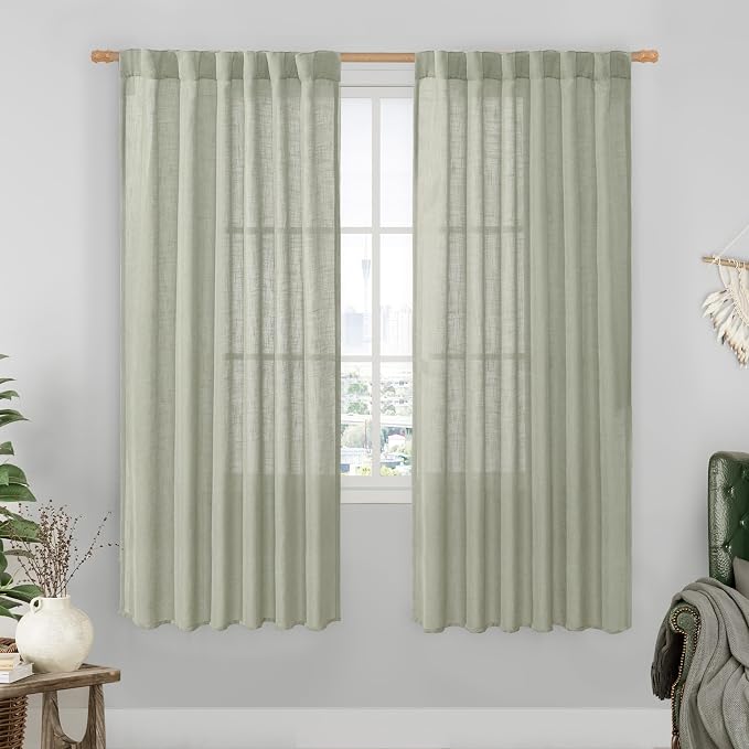 Sage Grey Linen Boho Curtains 68 inch Length 2 Panels, 52 x 68 Inch | Light Filtering, Semi Sheer Panels, Rod Pocket Back Tab, Neutral Drapes for Bedroom, Living Room, Window Treatment