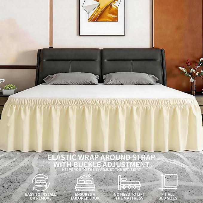 ANARACHON Full Bed Skirt, Elastic Wrap Around Bed Skirt Full Size, Bed Skirts for Adjustable Bed, Easy Fit with 18" Drop Length Tailored Drop Dust Ruffle (Light Yellow)