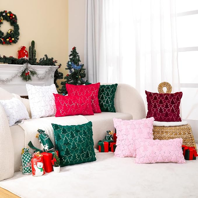 VAKADO Christmas Throw Pillow Covers 20x20 Set of 2 Embroidered Decorative Xmas Cushion Cases Holiday Soft Home Decor for Bedroom Sofa Chair Porch Winter, Pink