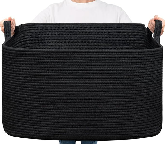 Goodpick 85L Large Woven Rope Blanket Basket, Rectangle, Black | 23.6'' x 15.7'' x 13.8'' Storage Basket for Blankets, Pillows & Toys, Living Room & Bedroom Organization, Reinforced Handles