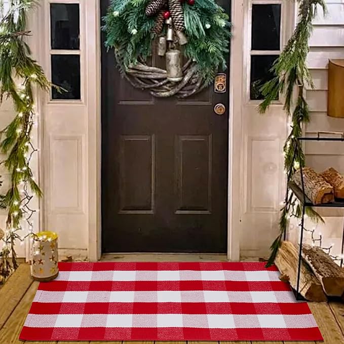 Christmas Buffalo Plaid Rug 27.5x43 in, Red White Indoor Outdoor Rug | Cotton Blend, Red and White Checkered, Machine Washable, Layering Rug, Porch Entryway Decor