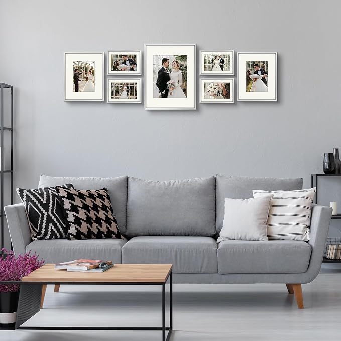 Golden State Art 7 Pack Aluminum Frames, Includes 5x7 8x10 11x13, Silver | Shatter-resistant Glass, Assorted Sizes: One 11x14, Two 8x10, Four 5x7, Horizontal/Vertical Wall Mount & Tabletop Display