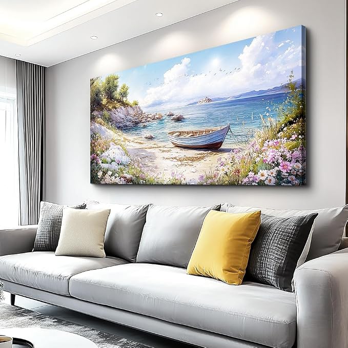 QIYILEXWART Canvas Wall Art For Living Room Large Wall Decor For Office Bedroom Decorations Seaside Landscape Pictures Boat Painting Artwork Room Wall Mural Aesthetic Home Decor 30x60 In