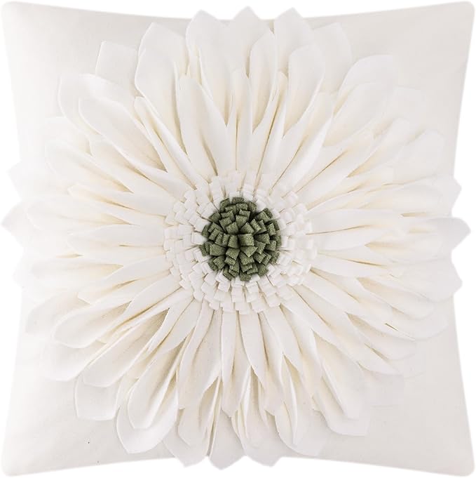 OiseauVoler Decorative 3D Flower Throw Pillow Covers for Couch 18x18 Inch | Ivory White Aesthetic Sunflower Pattern Handmade Pillowcases Boho Farmhouse Bed Decor Vintage Floral Easy Care