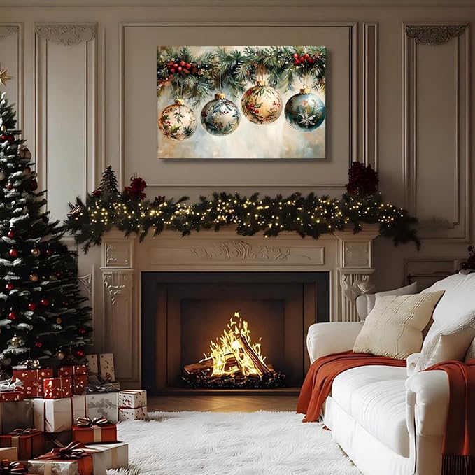 FLZYKGPA Vintage Christmas Canvas Pictures for Living Room & Bedroom Decor, Christmas Wall Decor 16x24in, Holiday Wall Art for Office, Floral Christmas Painting, Victorian Flower Holly Garland
