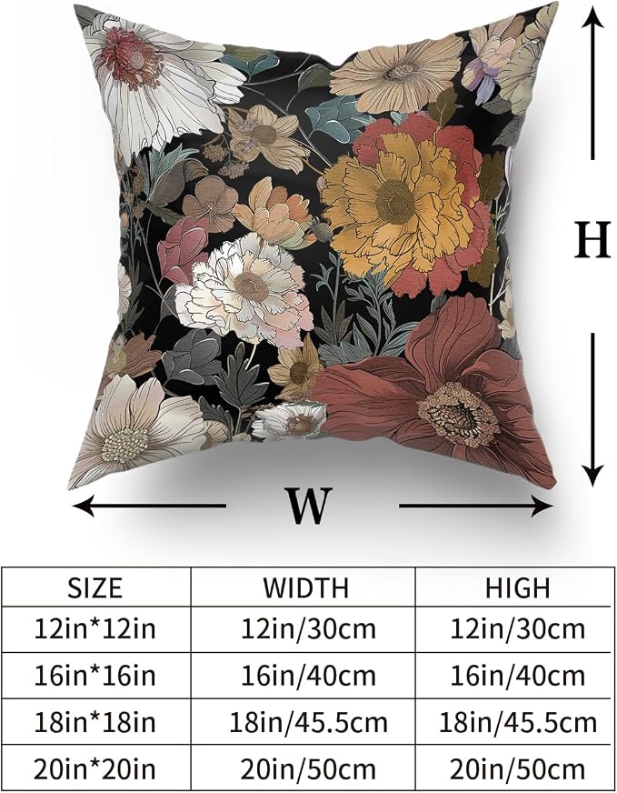 Giwawa Black Boho Flower Pillow Covers 18x18in Set of 2 Rustic Chic Floral Decorative Cotton Pillow Cases Vintage Botanical Plant Throw Cushion Covers for Sofa Couch Patio Indoor Outdoor