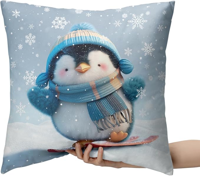 Winter Pillow Covers 22x22 Set of 2 Adorable Skiing Penguins Throw Pillow Covers Snowflakes Pillow Case Double Sided Printing Cushion Case for Home Decor Couch Sofa