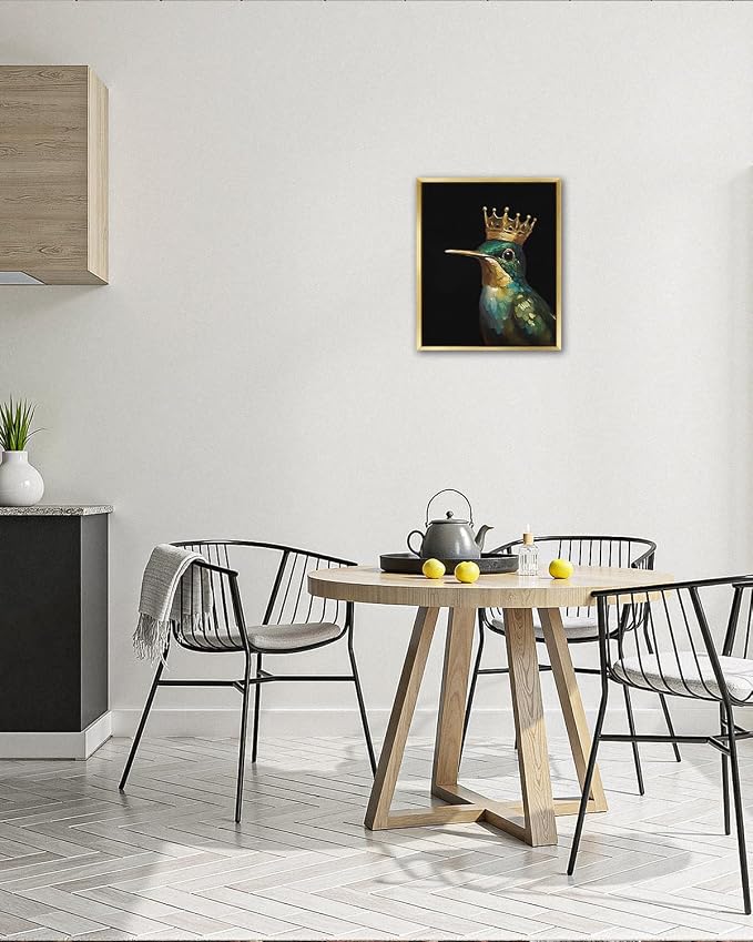 AIMAILON Gold Frame Hummingbird Bird Crown, Modern Animal Bird Art 10x12 | with photo frame, golden frame, modern animal and bird art painting, bathroom decoration