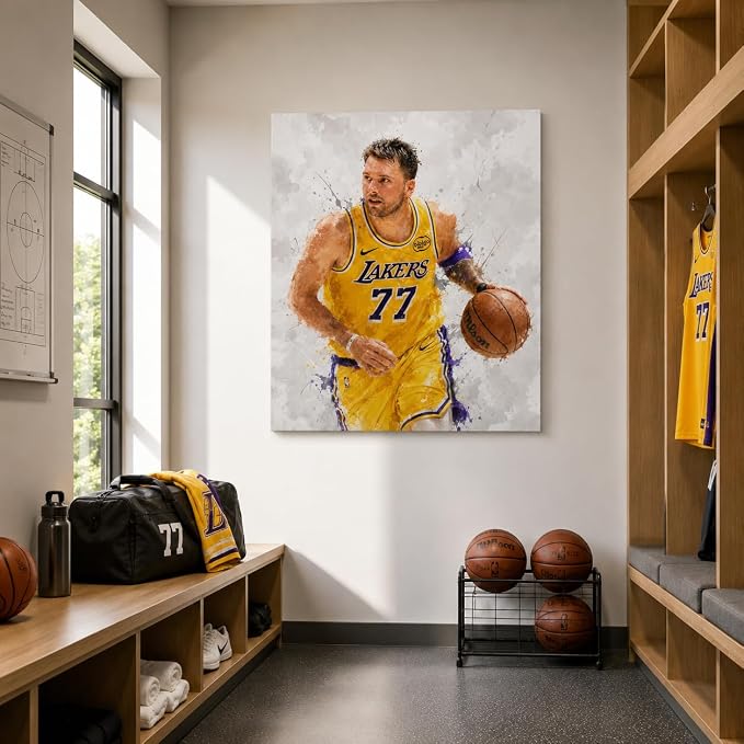 Luka Dončić-LAL Basketball Canvas Wall Art, Sports Player Poster, 24x30 | Abstract splash ink athletic artwork, motivational sports wall decor for teen boys room, bedroom, living room, gym or office