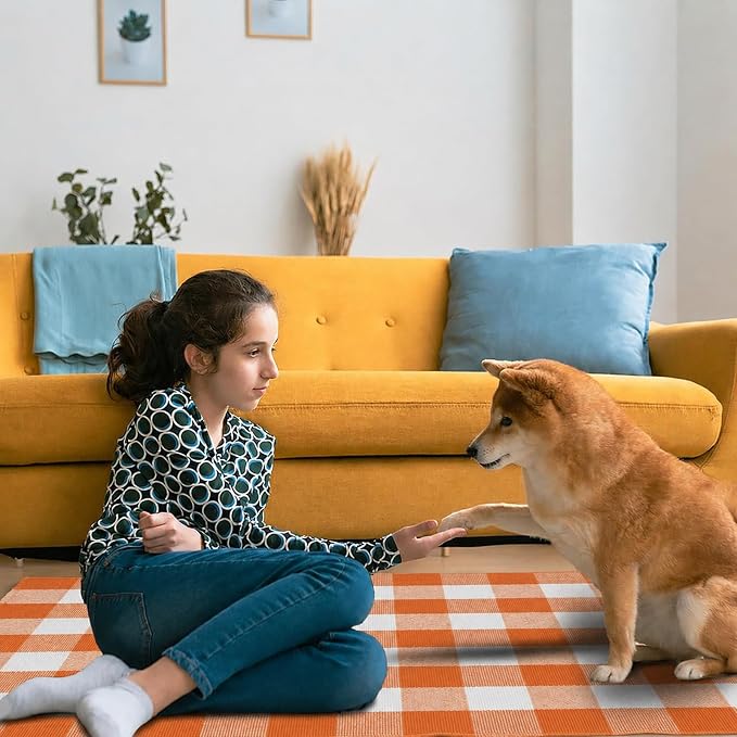 Buffalo Plaid Area Rug, Checkered Rug 3x5 Ft, Orange and White Rug, Washable Cotton Mat for Front Porch, Entryway, Kitchen, Living Room, Fall Decor