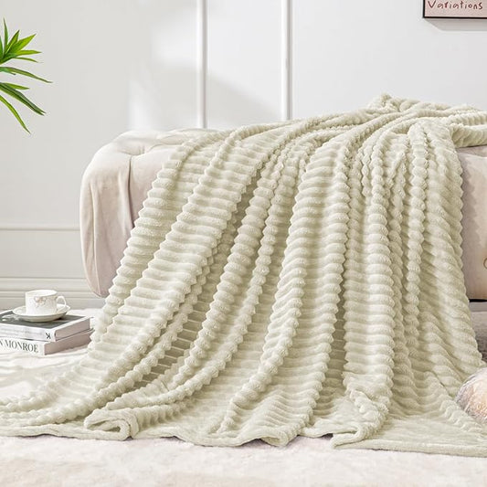 BEDELITE Ribbed Jacquard Beige Fleece Throw Blanket for Couch, 50x60 Inch | Soft Warm Decorative Fluffy Blanket, Cozy Plush Lightweight Fuzzy Throw Blanket for Bed Sofa Home Room Decor, Gift for Women