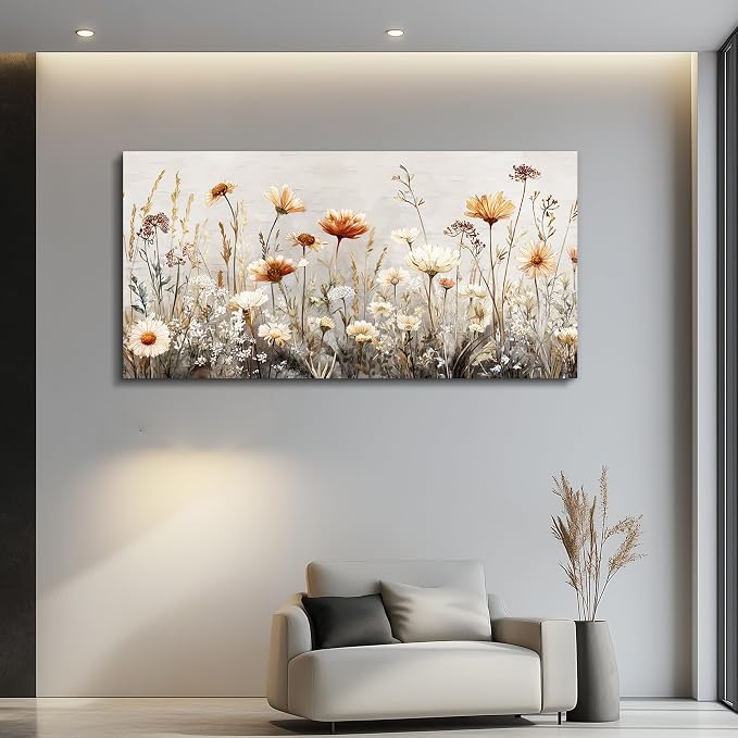 QIYILEXWART Large Wall Decor For Living Room Canvas Wall Art For Office Modern Wall Decorations For Bedroom Neutral Wildflower Landscape Painting Farmhouse Pictures Artwork Home Decor 24x48