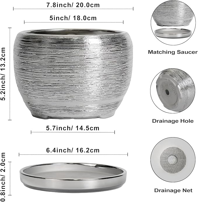 SQOWL Ceramic Pot for Plants - 8 Inch Planter with Drainage Hole and Saucer, Round Planter Indoor Outdoor, Modern Decorative Flower Pot, House Decor, Gifts for Plant Lovers, Silver