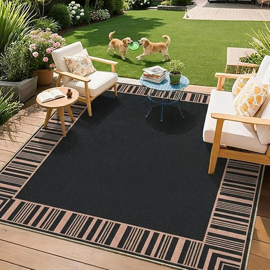 COZYLOOM Large Outdoor Rugs 8x10 Easy Jute Rugs for Living Room, Machine Washable Area Rugs Non Slip Stain Resistant Modern Border Carpet Non Shedding Neutral Mats for Dining Room, Patio, Black/Coffee