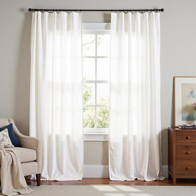 jinchan Linen Curtains Light Filtering Back Tab 60x90 Inch 2 Panels White | Semi Sheer Curtains 90 inch length for Bedroom Living Room, Modern Farmhouse Drapes with Rod Pocket, Natural Boho Curtains