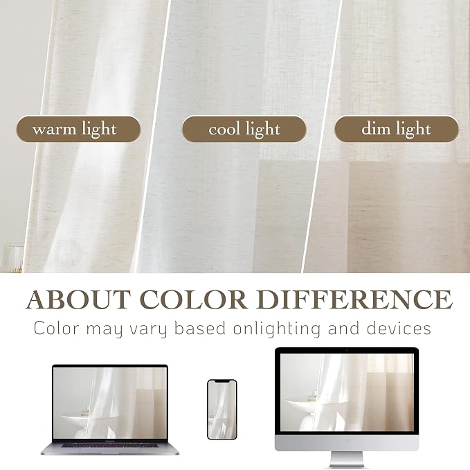 RYB HOME Sheer Curtains 108 inches, Extra Long Floor to Ceiling Curtains | Light Filtering Privacy, Faux Linen Fabric, Living Room Bedroom Sliding Glass Door, Back Tab, W52 x L108, 2 Panels, Ivory