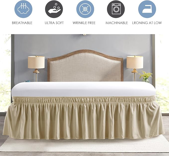FreshCulture Twin Bed Skirt, Elastic Wrap Around Bed Skirt Twin Bed, Easy Fit with 15-Inch Tailored Drop, Hotel Quality Bed Skirts for Adjustable Bed (Beige)