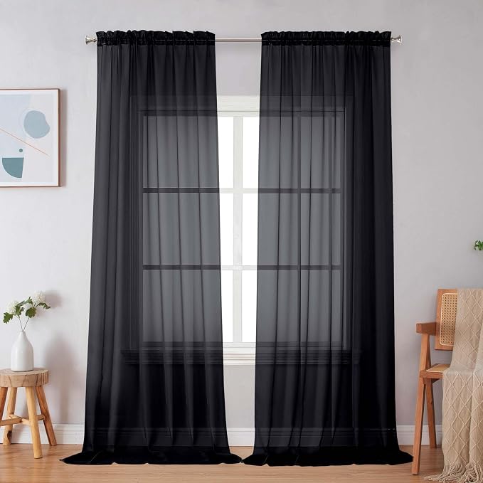 Simplebrand Black Sheer Curtains 96 Inches Long, Light Filtering Rod Pocket Solid Color Window Sheer Curtain Panels, Elegant Curtains & Drapes for Living Room, Bedroom 2 Panels (Black, 59" W x 96" L)