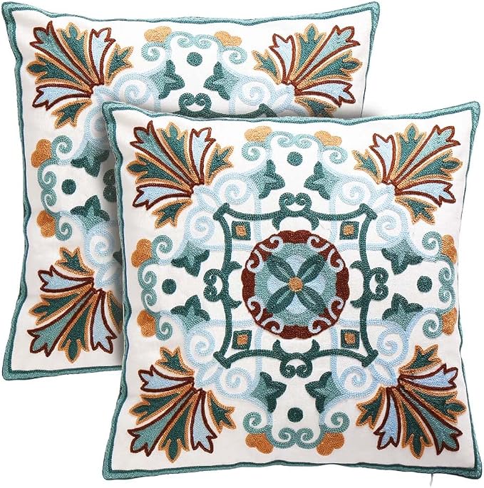 Onelsong Decorative Throw Pillow Covers for Couch Living Room 18x18 inches Set of 2 Embroidery Square Boho Throw Pillows Cover for Sofa Chair Bed