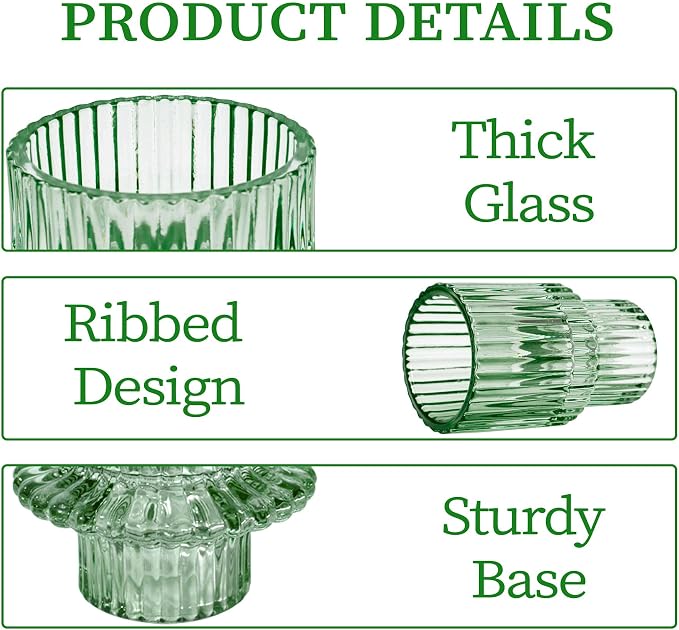 Candlestick Holders Set of 6, Ribbed Glass Taper Candle Holders, Reversible Green Tealight & Candle Stick Candle Holder Vintage Crystal Tapered Candlestick for Wedding Dinner Party Festival