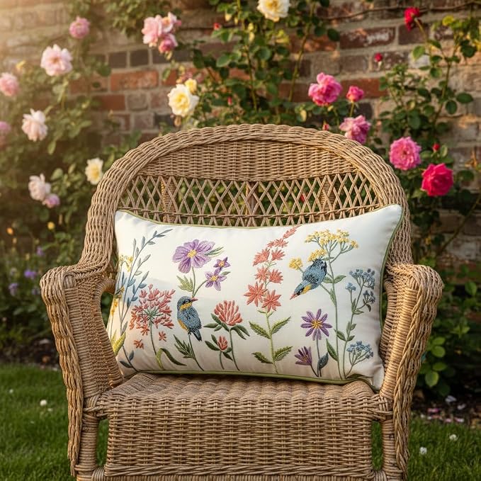 Embroidered Throw Pillow Covers 12x20 Pack of 2 Birds and Flowers | Durable Fabric,Square Pillow Cover,Boho Decorative,Hidden Zipper,Aesthetic Design,Ideal Gift,Machine Washable