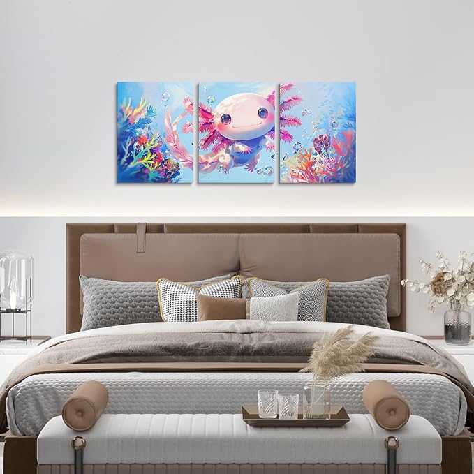 Feelyou Kids Cute Axolotl Wall Painting Posters Ocean Picture Wall Decor Boys Girls Kawaii Sealife Canvas Wall Art for Living Room Bedroom Cartoon Salamander Bathroom Wall Art 12"x16"x 3Pcs