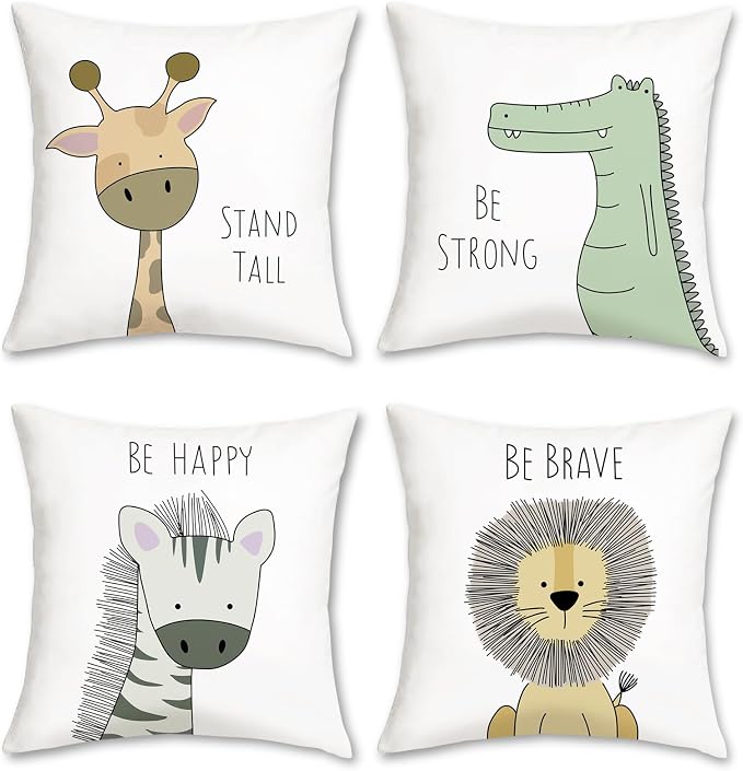 Bonhause Kids Animals Throw Pillow Covers 18x18 Inch Set of 4 Giraffe Lion Zebra Crocodile Pillows Soft Velvet Cushion Covers for Baby Room Kids Bedroom Decor