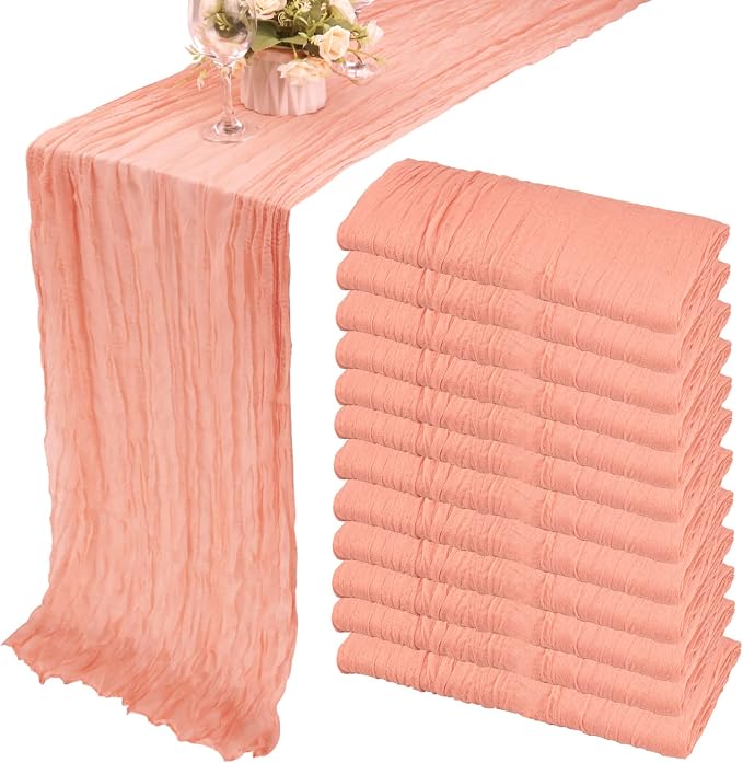 12 Pack Cheesecloth Table Runner 35x72 Inch Boho Gauze Table Runner Rustic Cheese Cloth Long Romantic Table Runners for Wedding Bridal Shower Birthday Party Table Decor (Peach Coral)