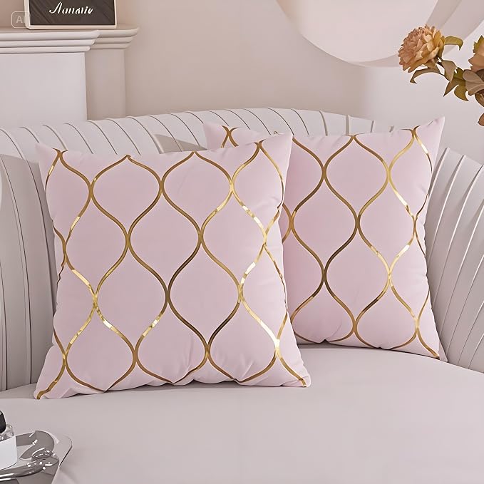 Gyulin Pack of 4 Gold Velvet Throw Pillow Covers 18x18 Inches Solid Square Pillow Covers Geometric Cushion Covers for Couch Sofa Home Bedroom Decor, Pink