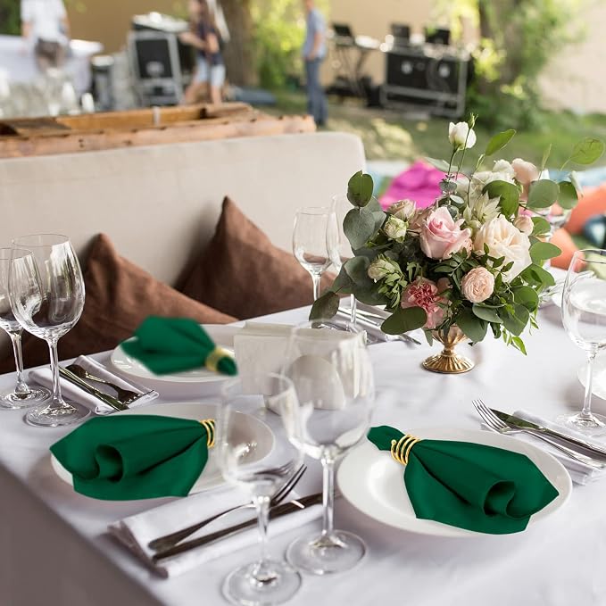 MCEAST Satin Cloth Napkins and Napkin Rings Set of 8, Smooth Fabric Table Napkins and Napkin Holder for Wedding, Birthday Dinner Party, Family Gatherings, Table Decor (Dark Green, 17 x 17 Inches)