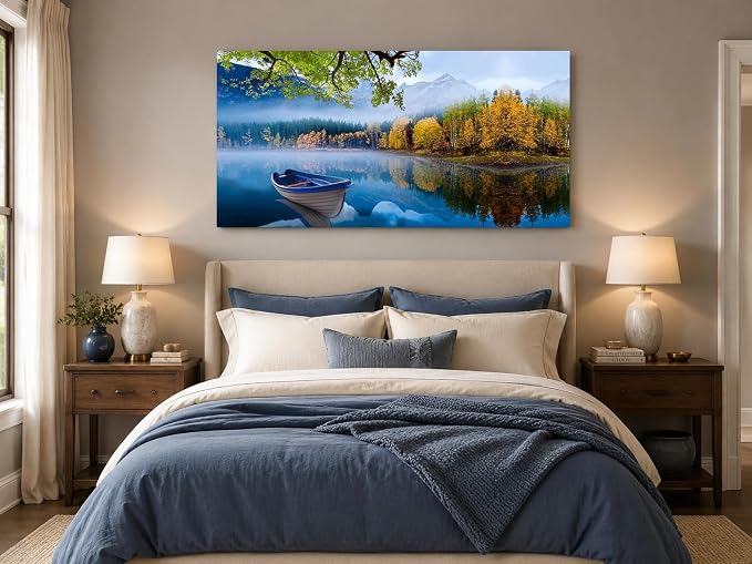 Arjun Lake Canvas Wall Art Landscape Blue Boat Painting Framed Large 48x24 | Wall Art for Living Room Picture Bedroom Nature Mountain Artwork Modern Nature Scenery Home Office Dining Room Wall Decor