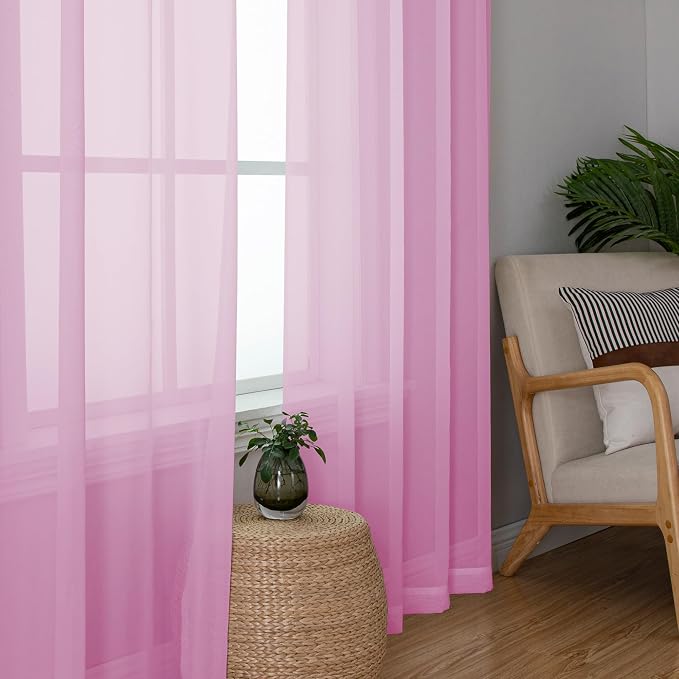Simplebrand Pink Sheer Curtains 96 Inches Long, Light Filtering Rod Pocket Solid Color Window Sheer Curtain Panels, Elegant Curtains & Drapes for Living Room, Bedroom 2 Panels (Pink, 42" W x 96" L)